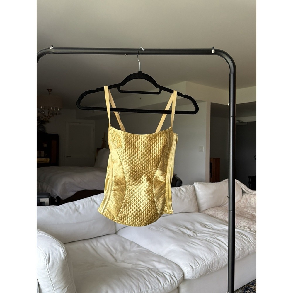 Women's Vintage Gold Satin Bustier Corset Top Solid Opaque Hook-and-Eye Front S
